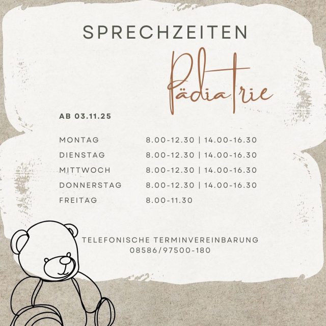 Erfreuliche Nachrichten! 🌟
In der Pädiatrie werden ab 03.11.2025  mehr Sprechstundenzeiten angeboten. So können wir unseren kleinen Patientinnen und Patienten noch besser und schneller helfen.#kinderarzt #öffnungszeiten #sprechstunde #kinder #baby #vorsorge