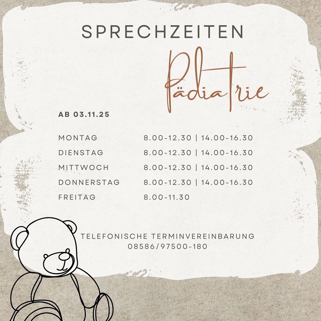 Erfreuliche Nachrichten! 🌟
In der Pädiatrie werden ab 03.11.2025 mehr Sprechstundenzeiten angeboten. So können wir unseren kleinen Patientinnen und Patienten noch besser und schneller helfen.#kinderarzt #öffnungszeiten #sprechstunde #kinder #baby #vorsorge