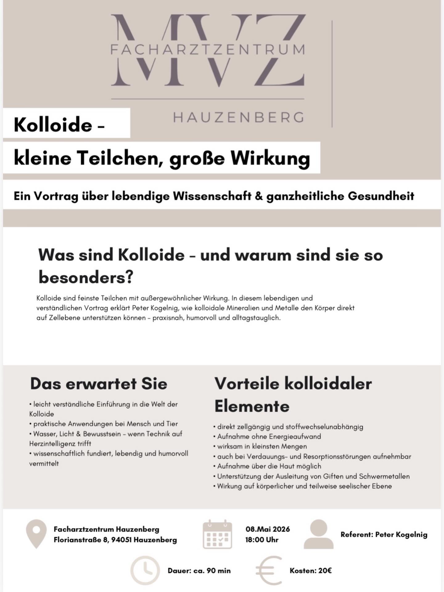 ✨ Kleine Teilchen, große Wirkung ✨Tauche ein in die faszinierende Welt der Kolloide – verständlich, spannend und alltagstauglich erklärt. 🧬
Erfahre, wie feinste Partikel unseren Körper auf Zellebene unterstützen können und warum sie so besonders sind.📅 08. Mai 2026
🕕 18:00 Uhr
📍 Facharztzentrum HauzenbergSafe the date und entdecke Wissenschaft mal anders! 💫#Kolloide #Gesundheit #Wissenschaft #Vortrag #Ganzheitlich